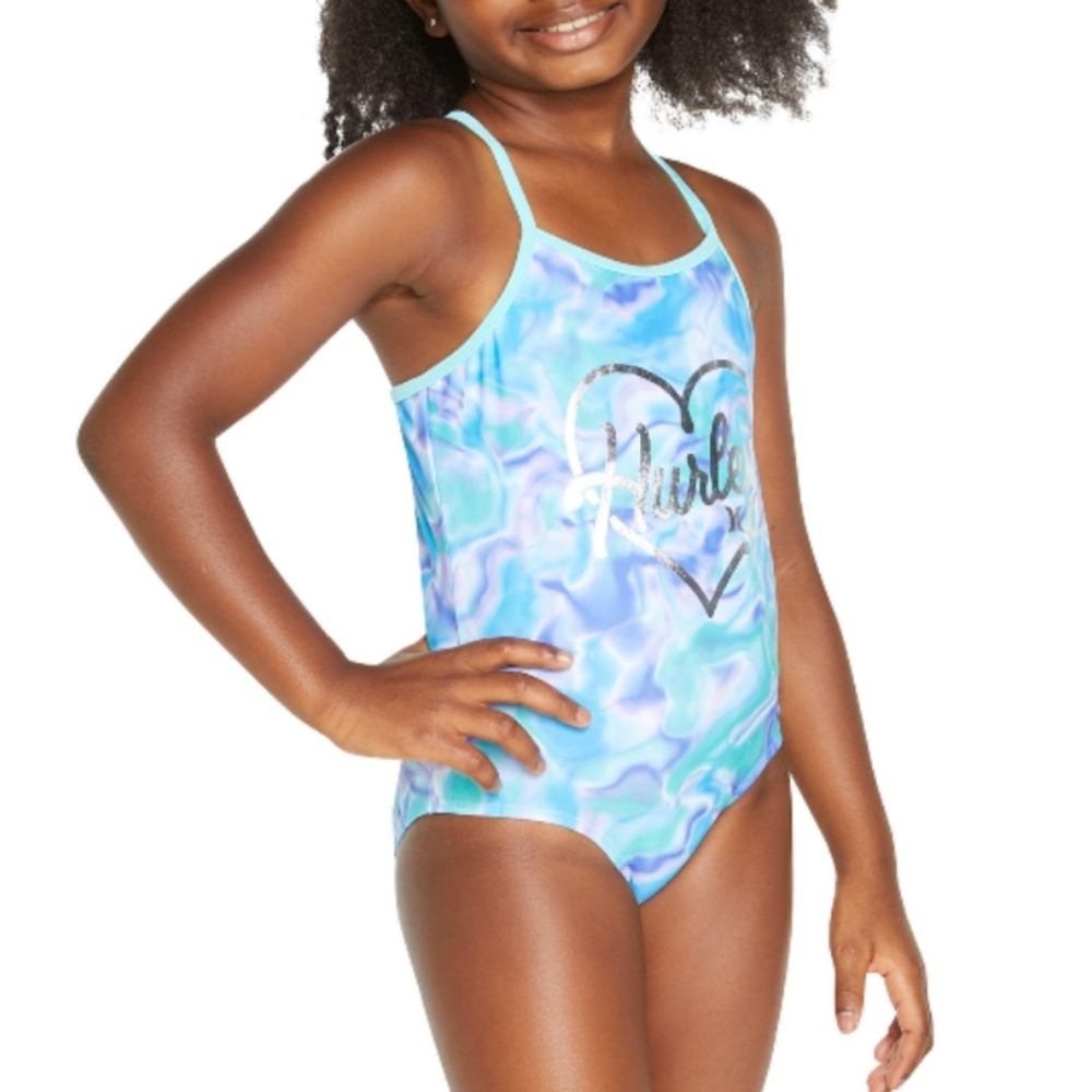 Hurley Girls' One-Piece Swimsuit Blue Tie Dye 5/6